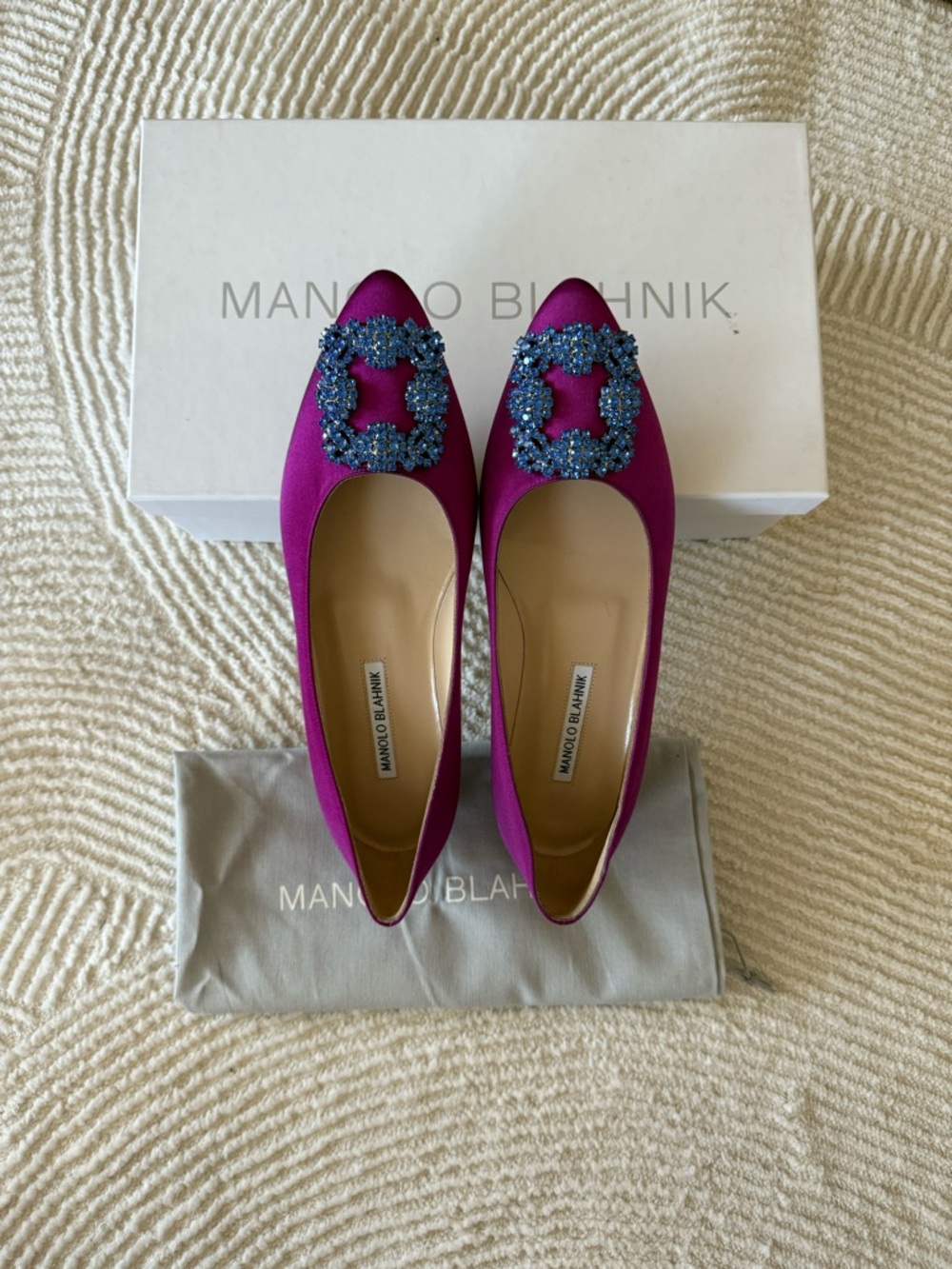 NEW Manolo Blahnik Hangisi Satin Pointed-Toe Flats with Blue Crystal Buckles - Picture 4 of 5